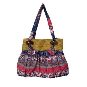 Boho Straw Tote Bag Paisley Fabric Lined Shoulder Bag Summer Beach Purse